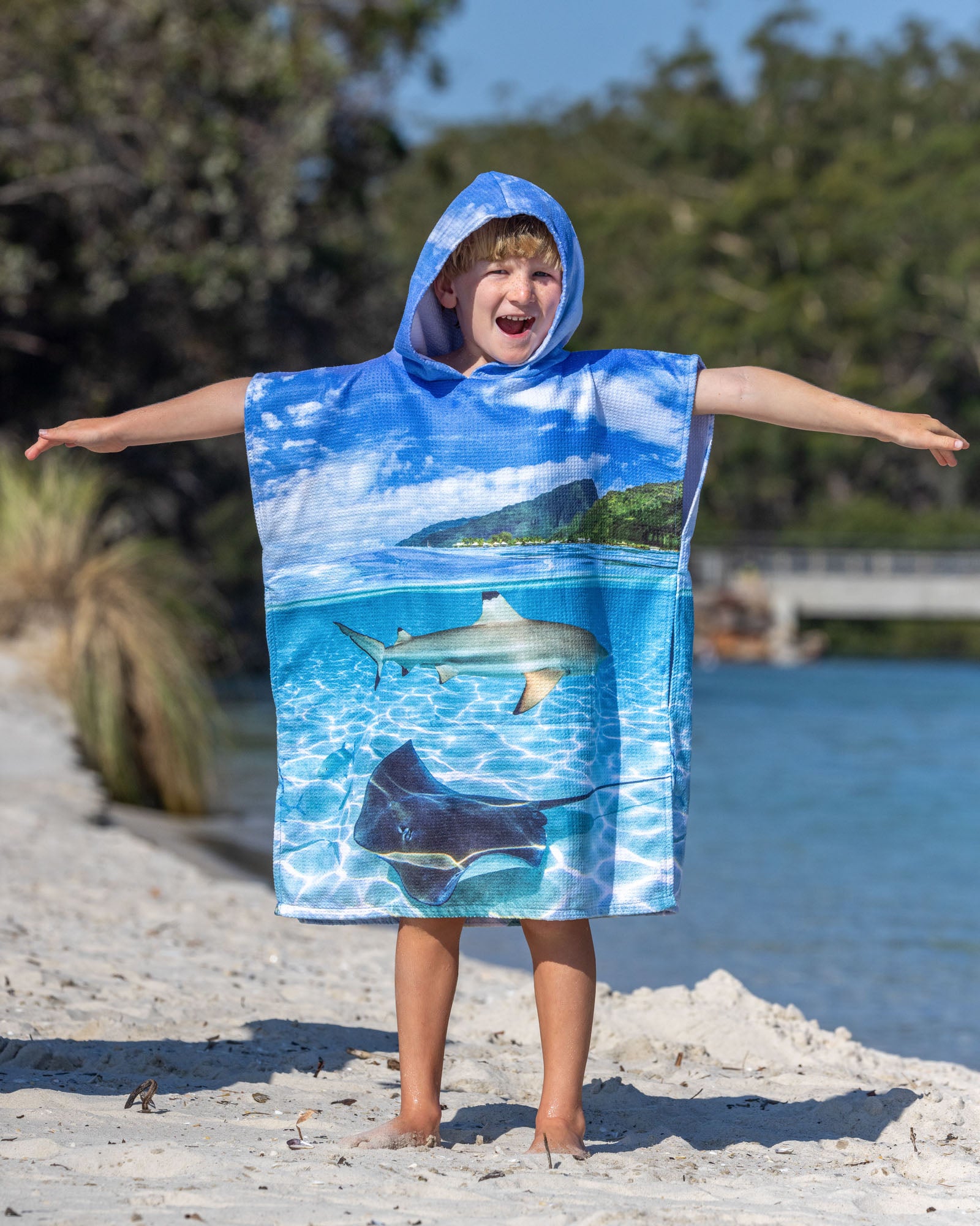 Shark and Ray Lagoon - Kids Hooded Beach Towel